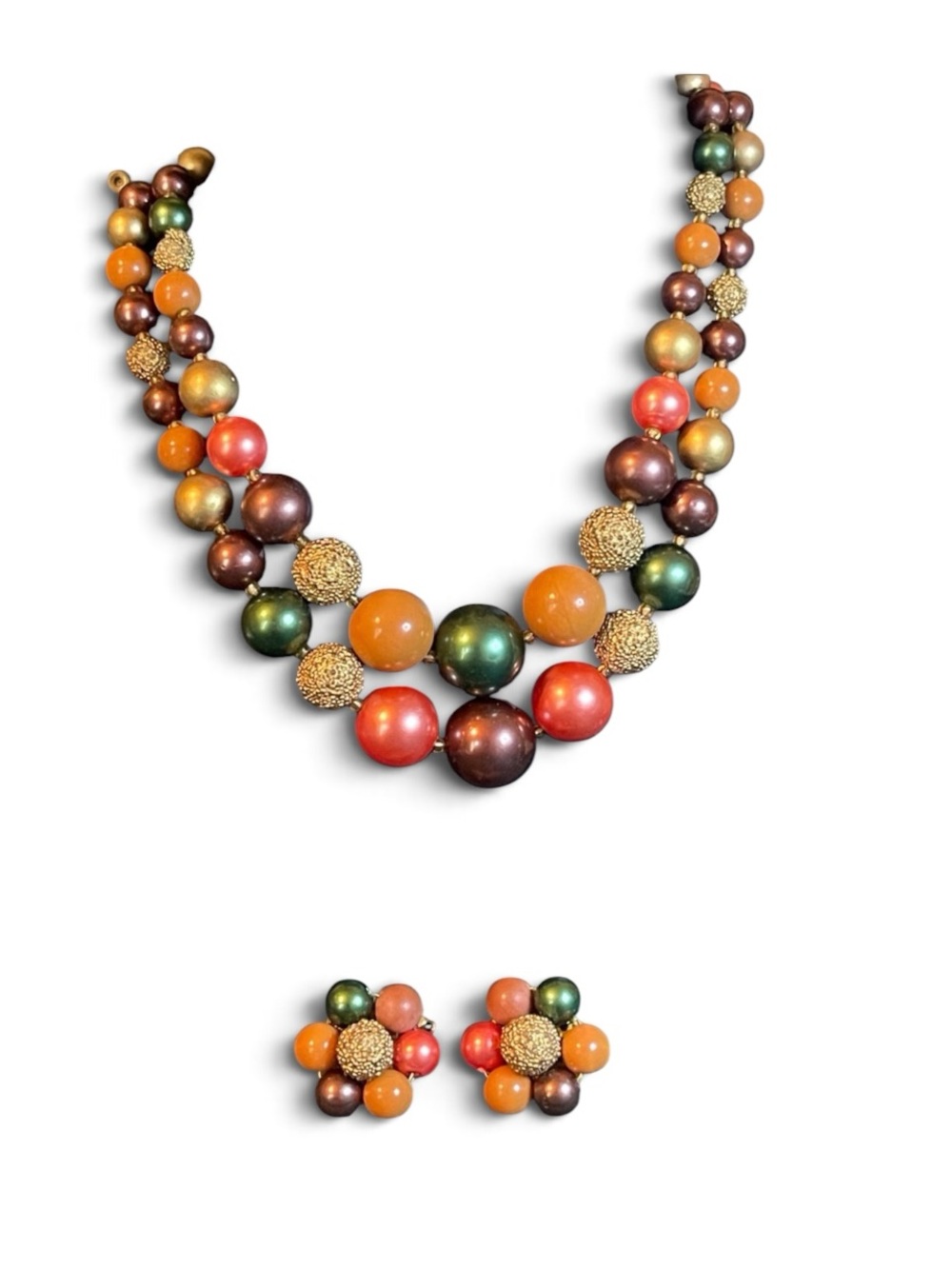 1960’s Japan Multi-Colored Double-Strand Beaded Necklace & Clip-On Earring Set